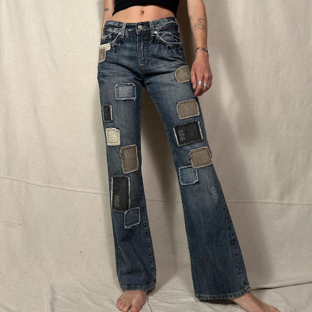 Vintage Y2K X-Ray Jeans Distressed  Patchwork Denim Pants Fit And Flare Washed
